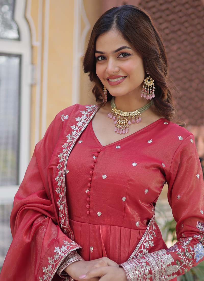 Prazu Fashion Red Viscose Embroidered Gown With Dupatta