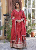 Prazu Fashion Red Viscose Embroidered Gown With Dupatta