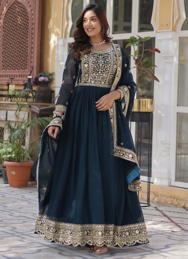 Prazu Fashion Aqua Blue Georgette Embroidered Sequence Gown With Dupatta