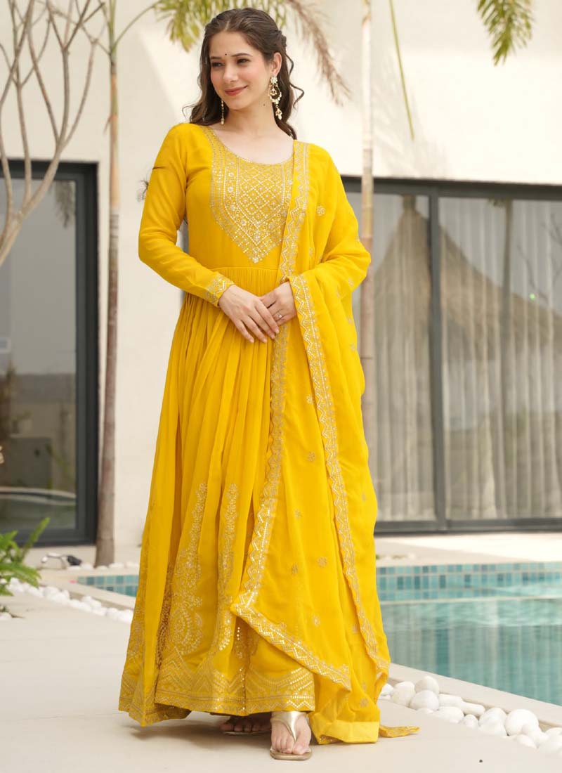 Prazu Fashion Yellow Georgette Embroidered Gown With Dupatta