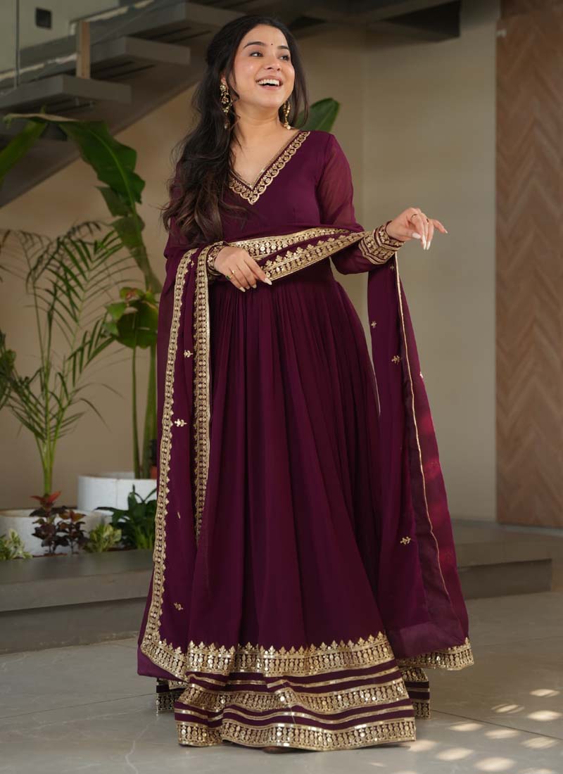 Prazu Fashion Wine Georgette Embroidered Sequence Gown With Dupatta
