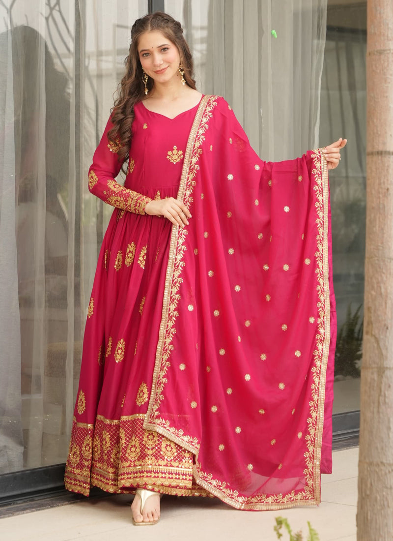Prazu Fashion Red Georgette Embroidered Gown With Dupatta