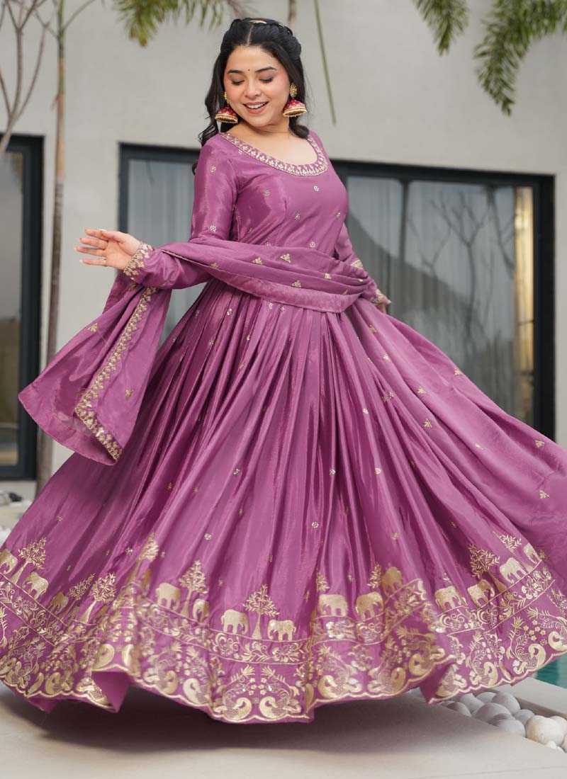 Prazu Fashion Onion Pink Chinon Silk Embroidered Sequence Gown With Dupatta