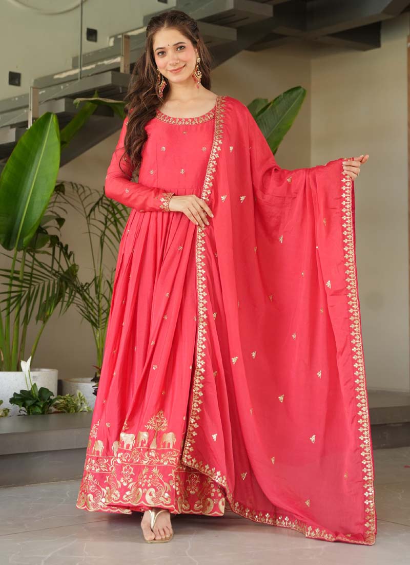 Prazu Fashion Peach Red Chinon Silk Embroidered Sequence Gown With Dupatta