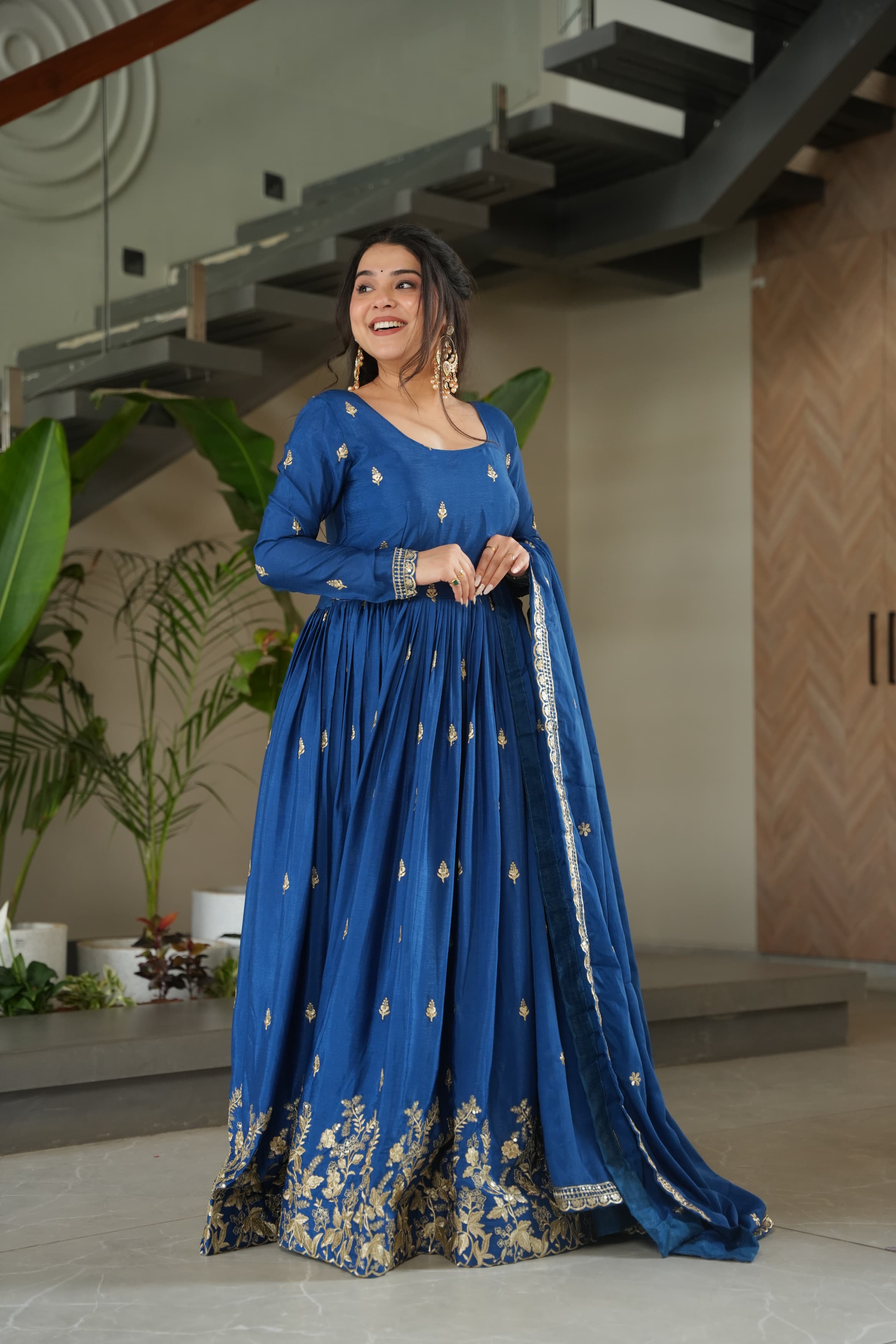 Prazu Fashion Blue Chinon Silk Embroidered Zari Gown With Dupatta