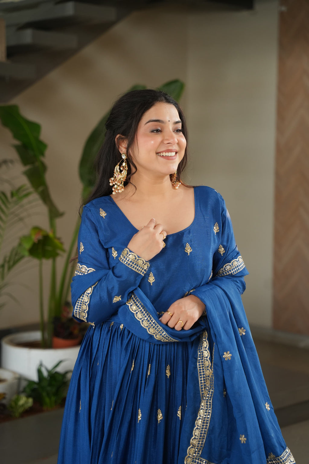 Prazu Fashion Blue Chinon Silk Embroidered Zari Gown With Dupatta