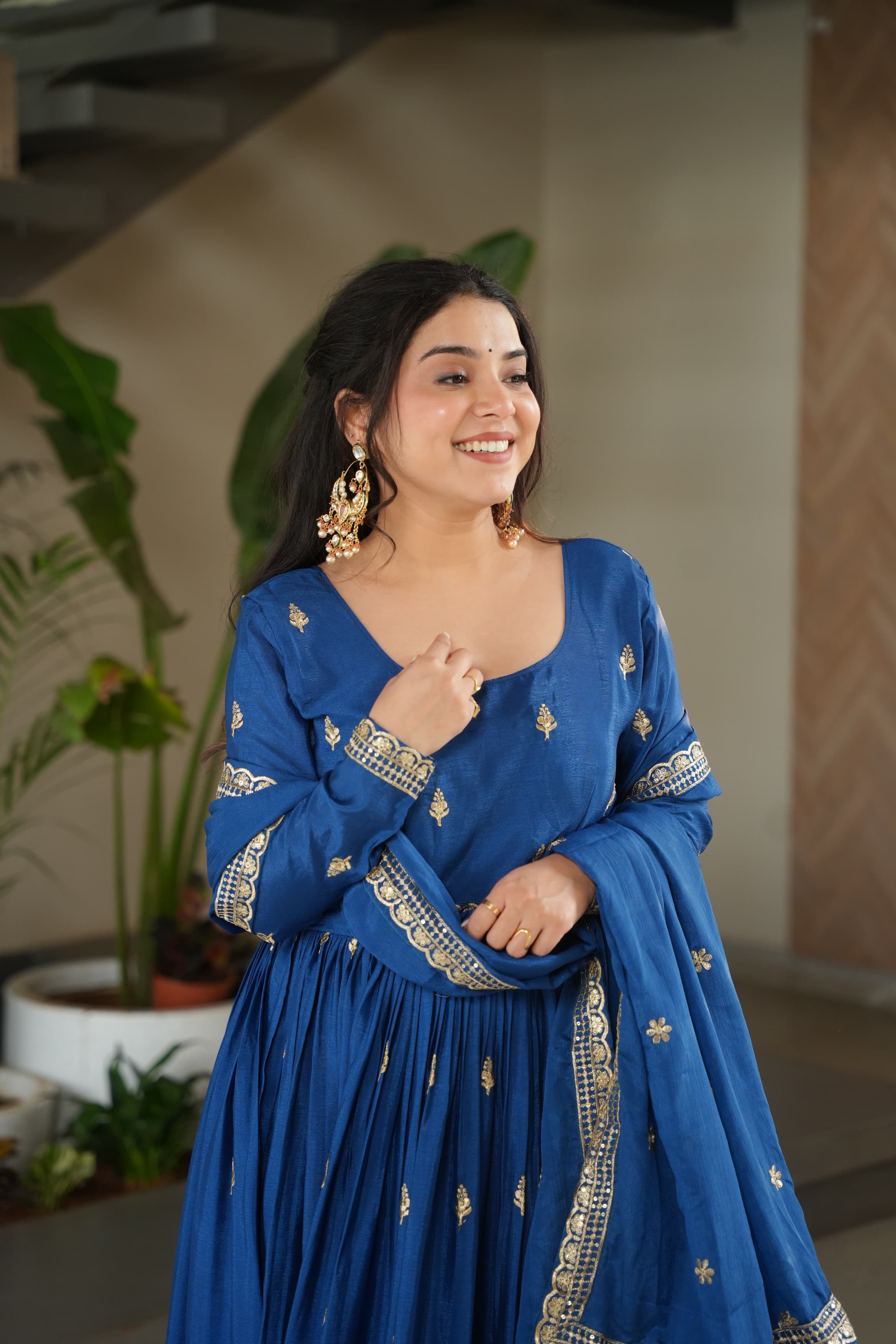 Prazu Fashion Blue Chinon Silk Embroidered Zari Gown With Dupatta
