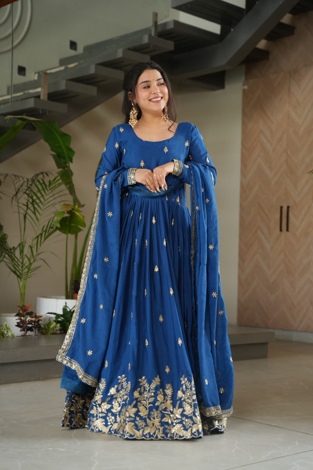 Prazu Fashion Blue Chinon Silk Embroidered Zari Gown With Dupatta