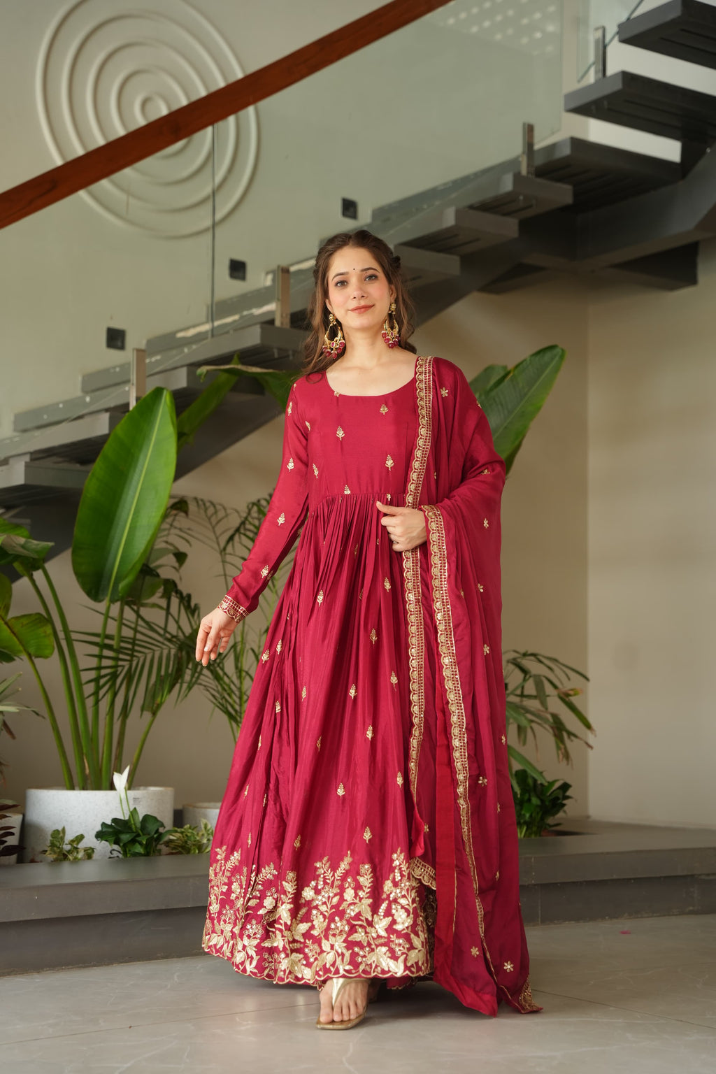 Prazu Fashion Maroon Chinon Silk Embroidered Zari Gown With Dupatta