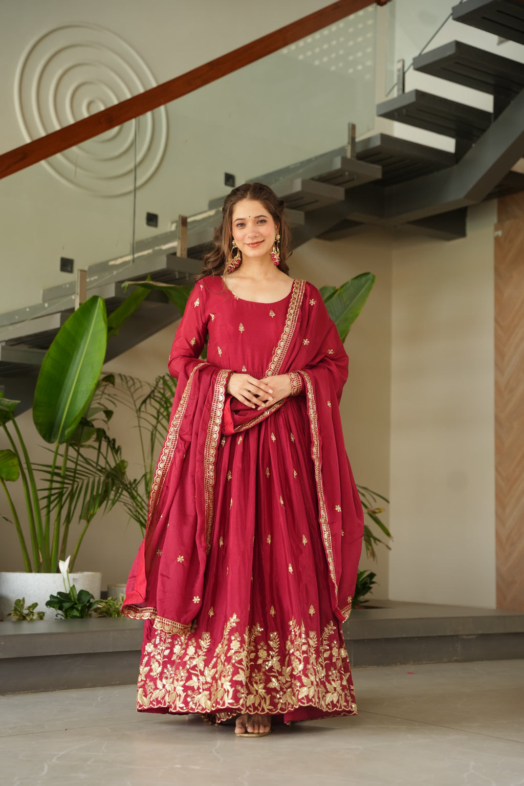 Prazu Fashion Red Chinnon With Embroidery Zari Sequins Work Gown