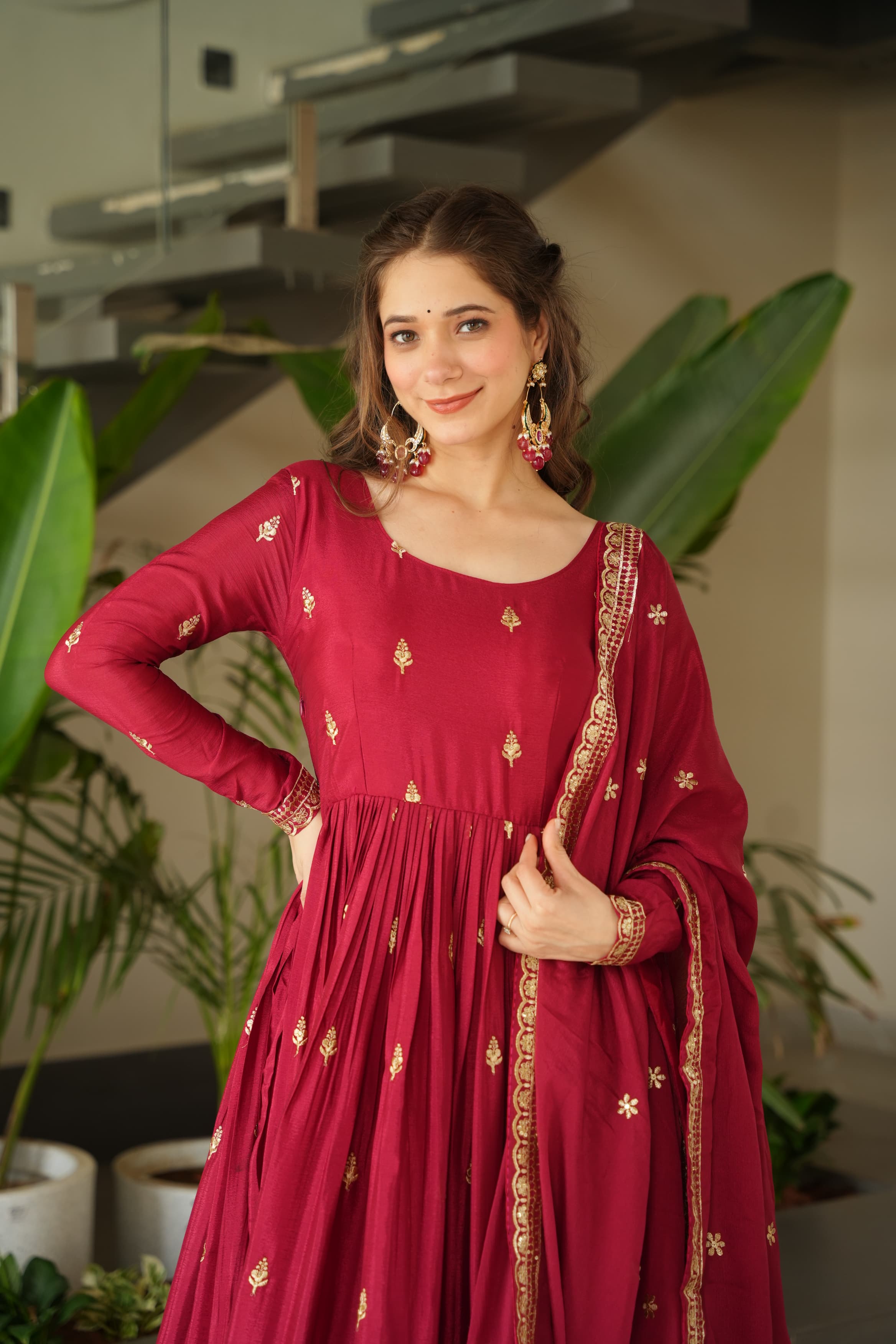 Prazu Fashion Red Chinnon With Embroidery Zari Sequins Work Gown