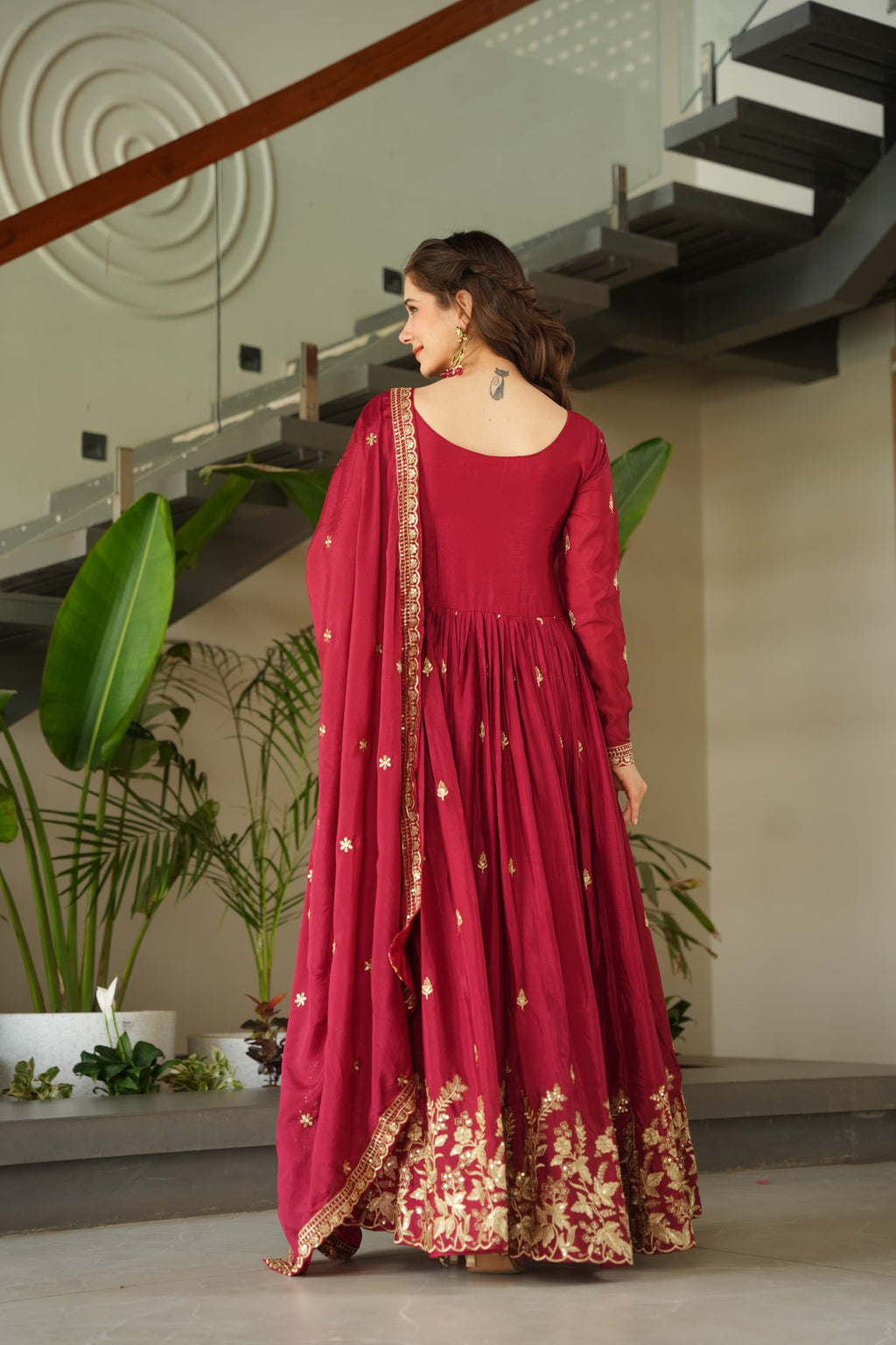 Prazu Fashion Red Chinnon With Embroidery Zari Sequins Work Gown