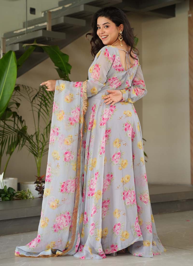 Prazu Fashion Light Grey Georgette Digital Printed Gown With Dupatta