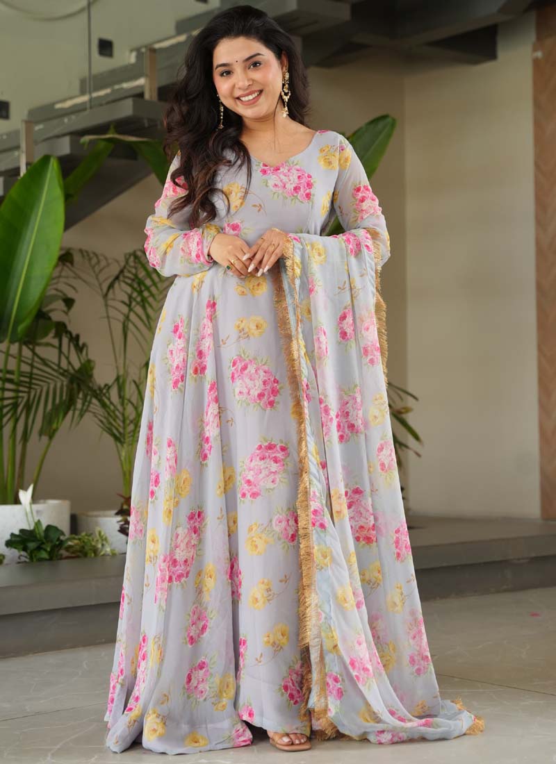 Prazu Fashion Light Grey Georgette Digital Printed Gown With Dupatta