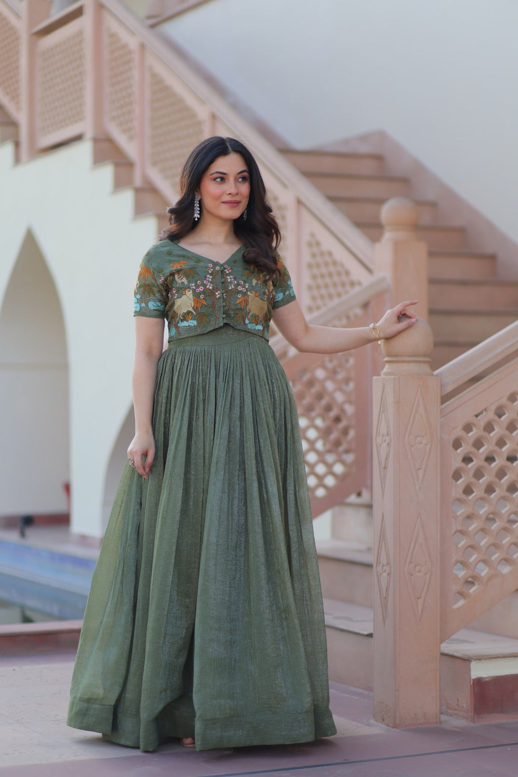 Prazu Fashion Mahendi Silver Crunchy Fabric Embroidered Gown With Koti