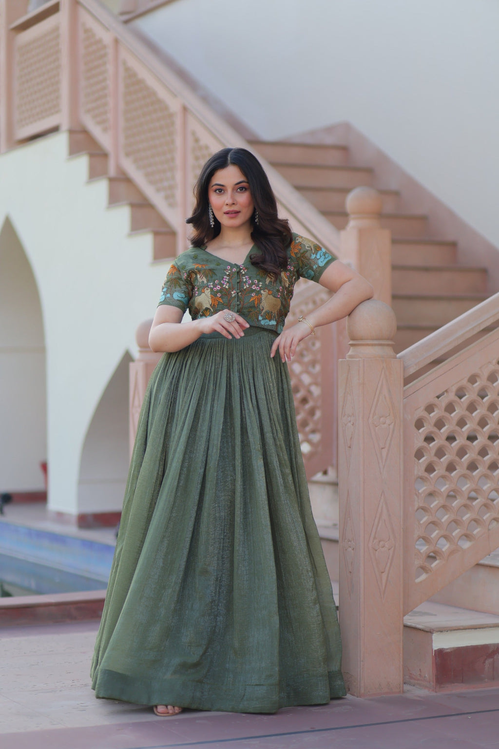 Prazu Fashion Mahendi Silver Crunchy Fabric Embroidered Gown With Koti
