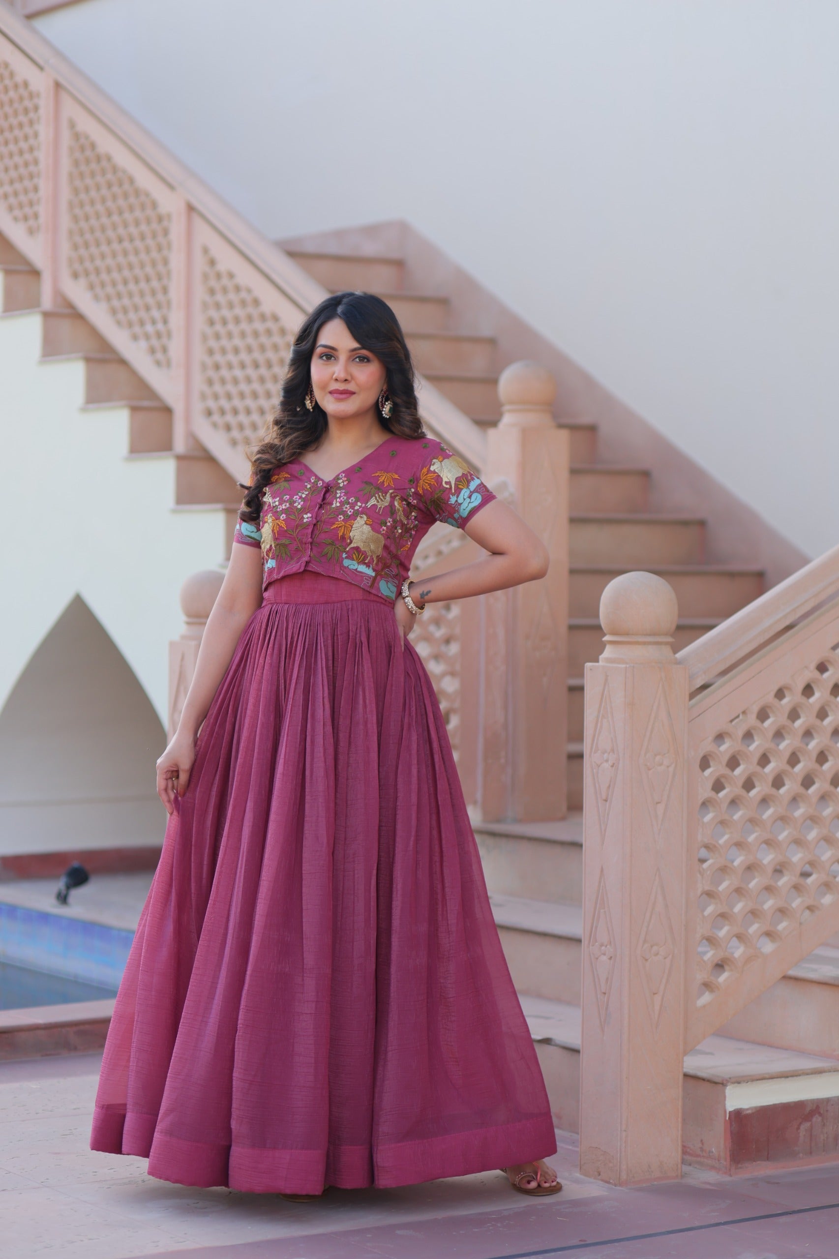 Prazu Fashion Onion Pink Silver Crunchy Fabric Embroidered Gown With Koti