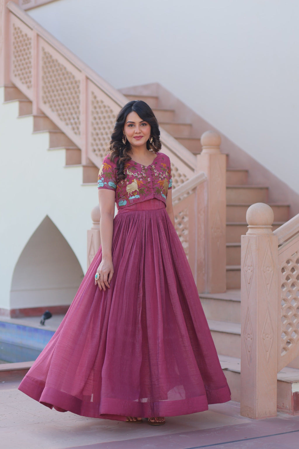 Prazu Fashion Onion Pink Silver Crunchy Fabric Embroidered Gown With Koti