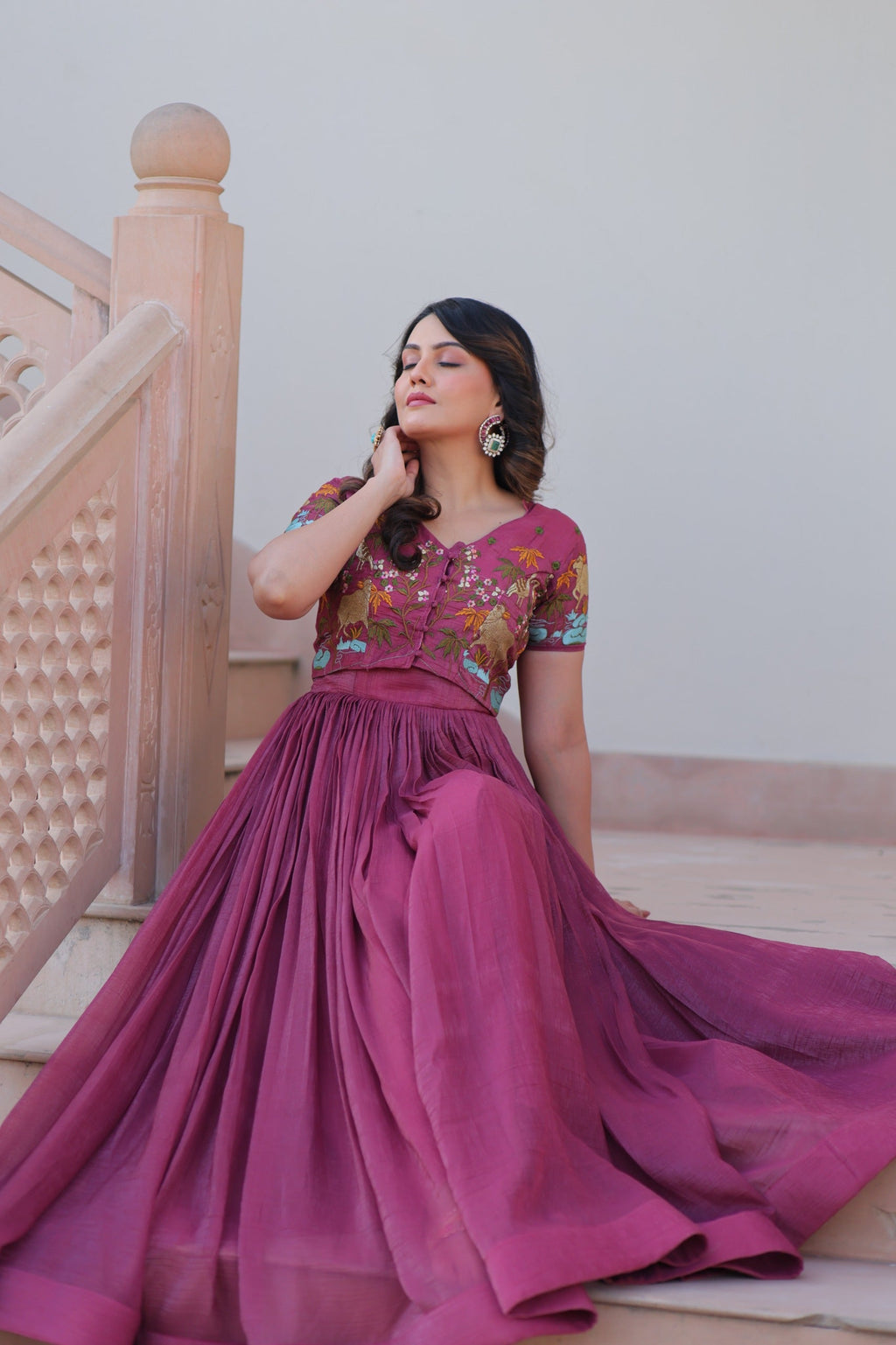 Prazu Fashion Onion Pink Silver Crunchy Fabric Embroidered Gown With Koti