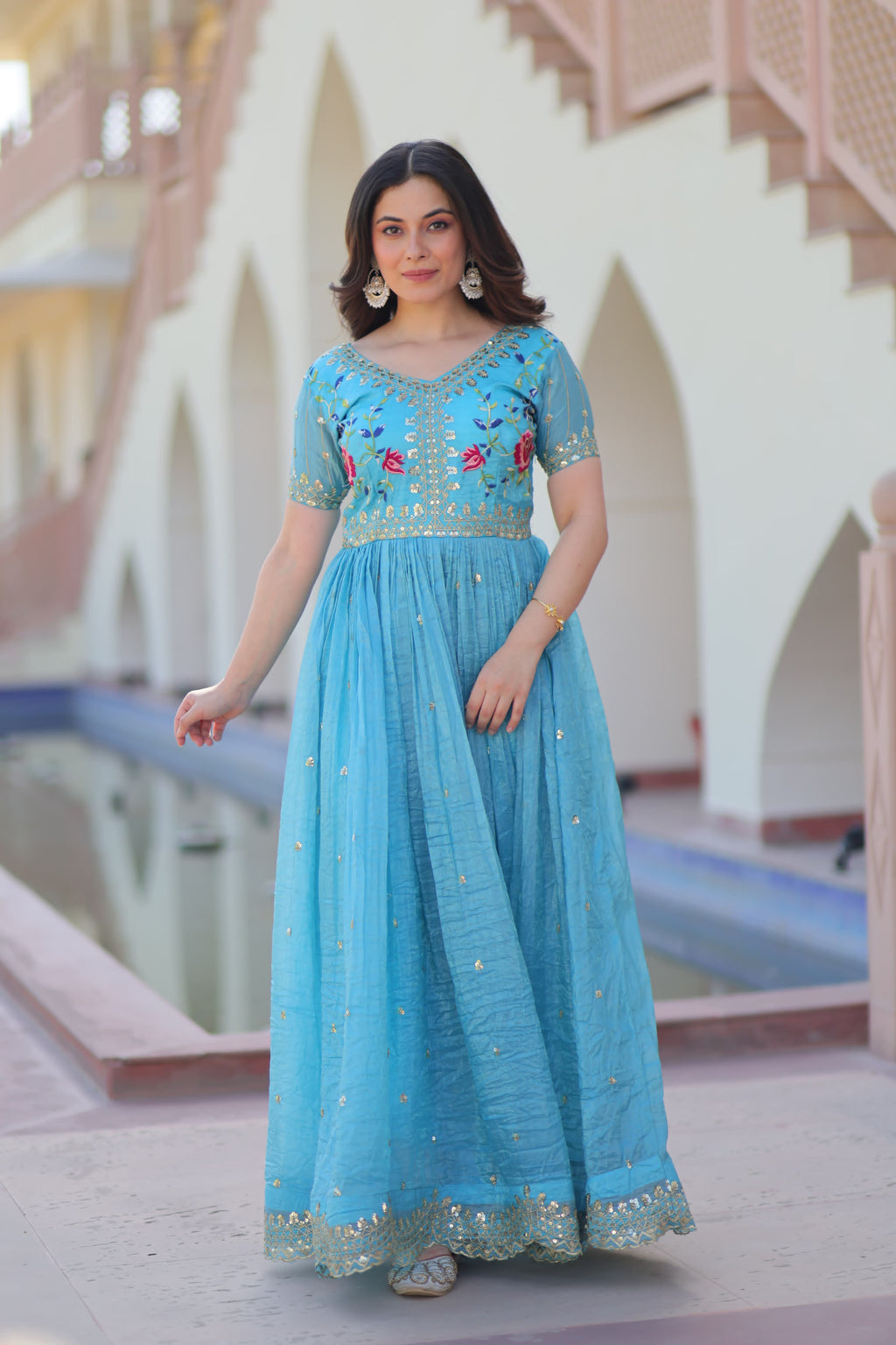Prazu Fashion Sky Blue Gold Crush With Multi Thread Embroidery Gown