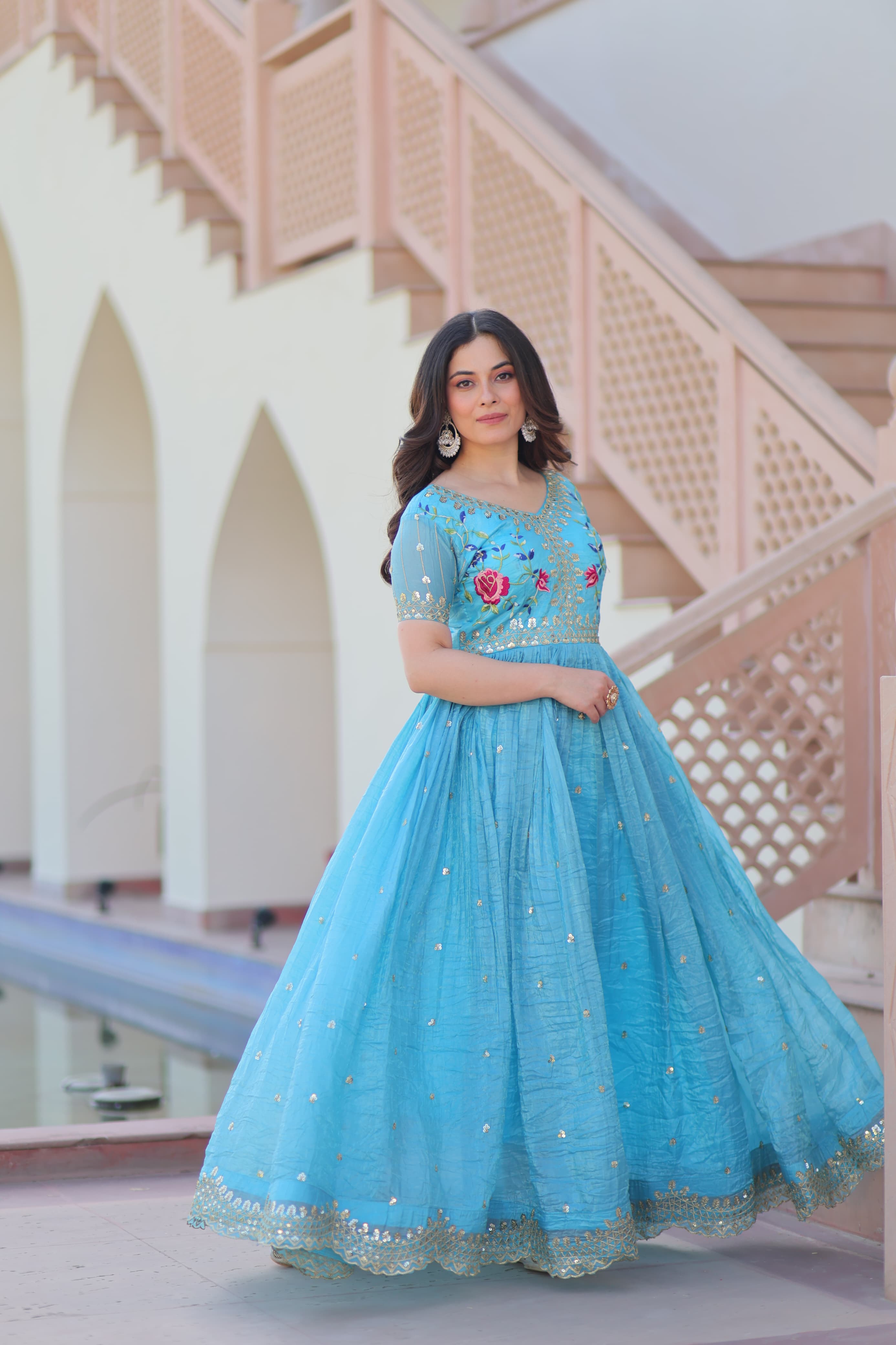 Prazu Fashion Sky Blue Gold Crush With Multi Thread Embroidery Gown
