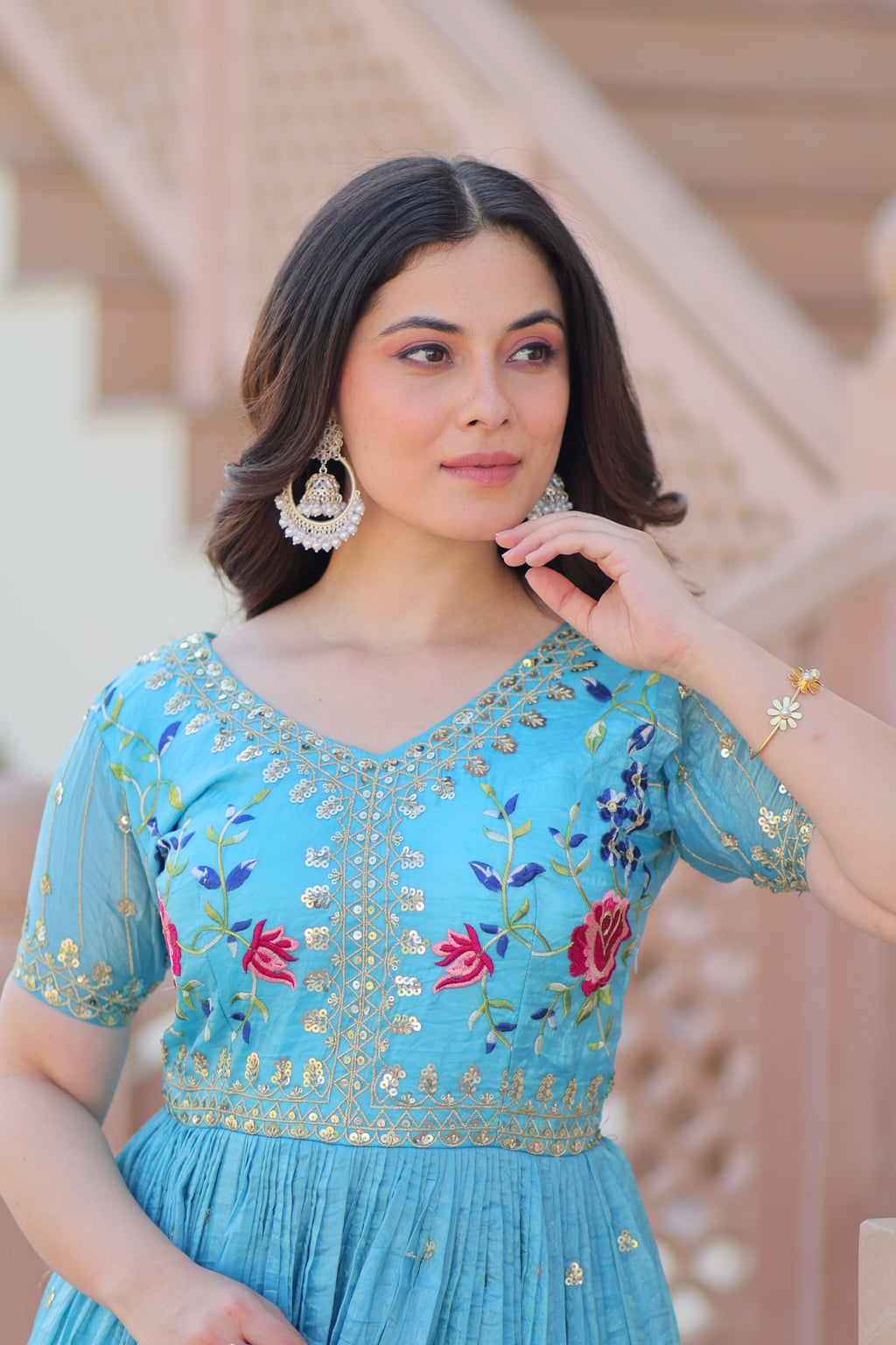 Prazu Fashion Sky Blue Gold Crush With Multi Thread Embroidery Gown
