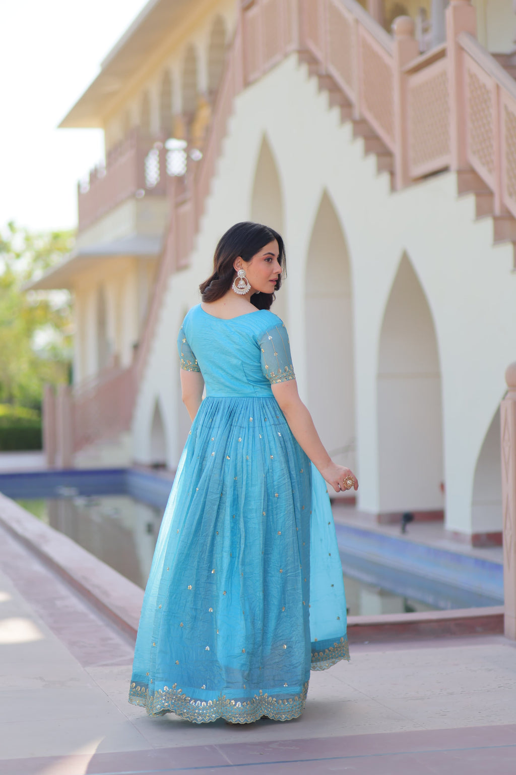Prazu Fashion Sky Blue Gold Crush With Multi Thread Embroidery Gown