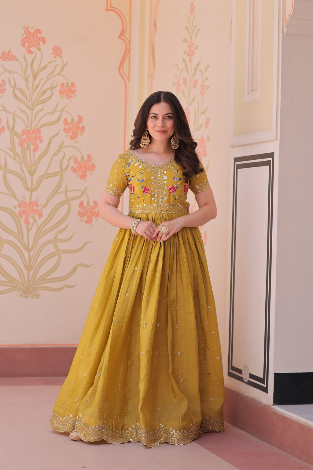 Prazu Fashion Yellow Gold Crush With Multi Thread Embroidery Gown