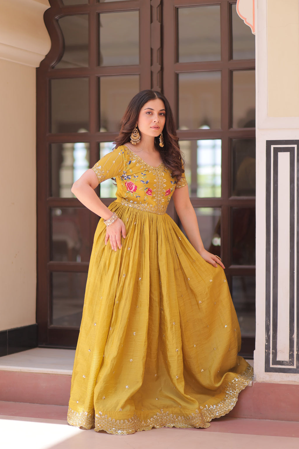 Prazu Fashion Yellow Gold Crush With Multi Thread Embroidery Gown