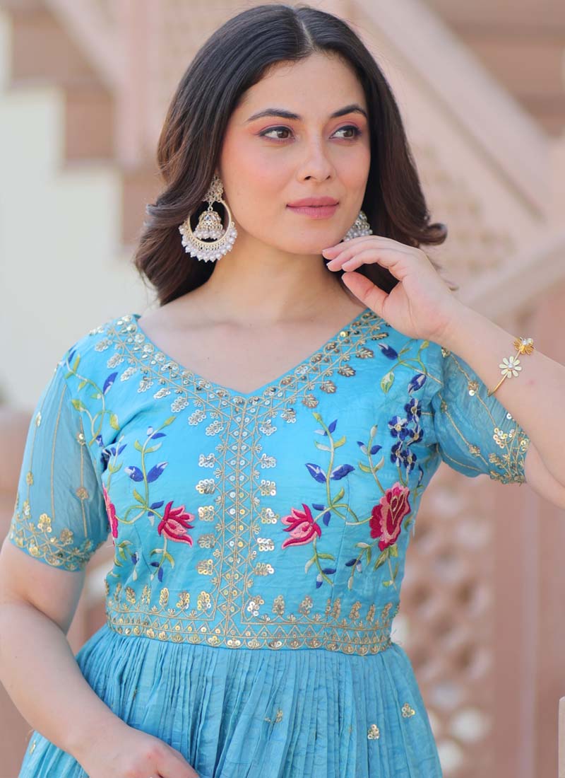 Prazu Fashion Sky Blue Silk Embroidered Designer Gown