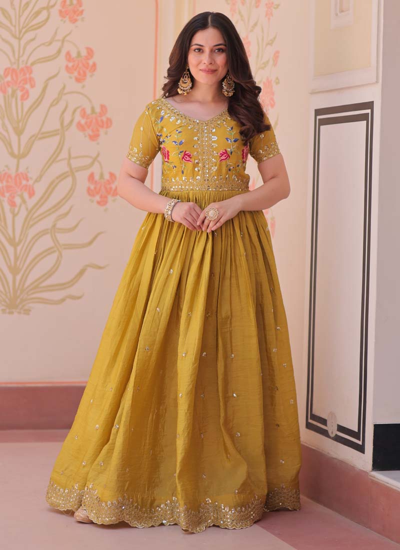 Prazu Fashion Yellow Silk Embroidered Designer Gown