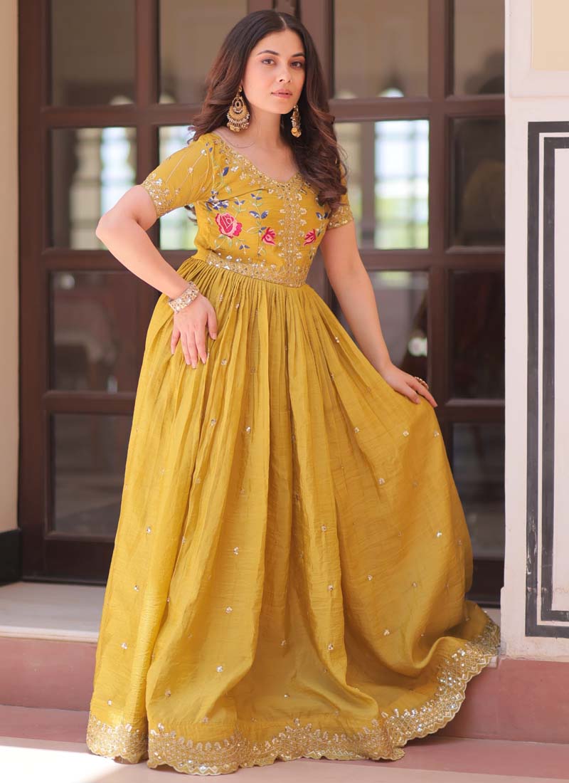 Prazu Fashion Yellow Silk Embroidered Designer Gown