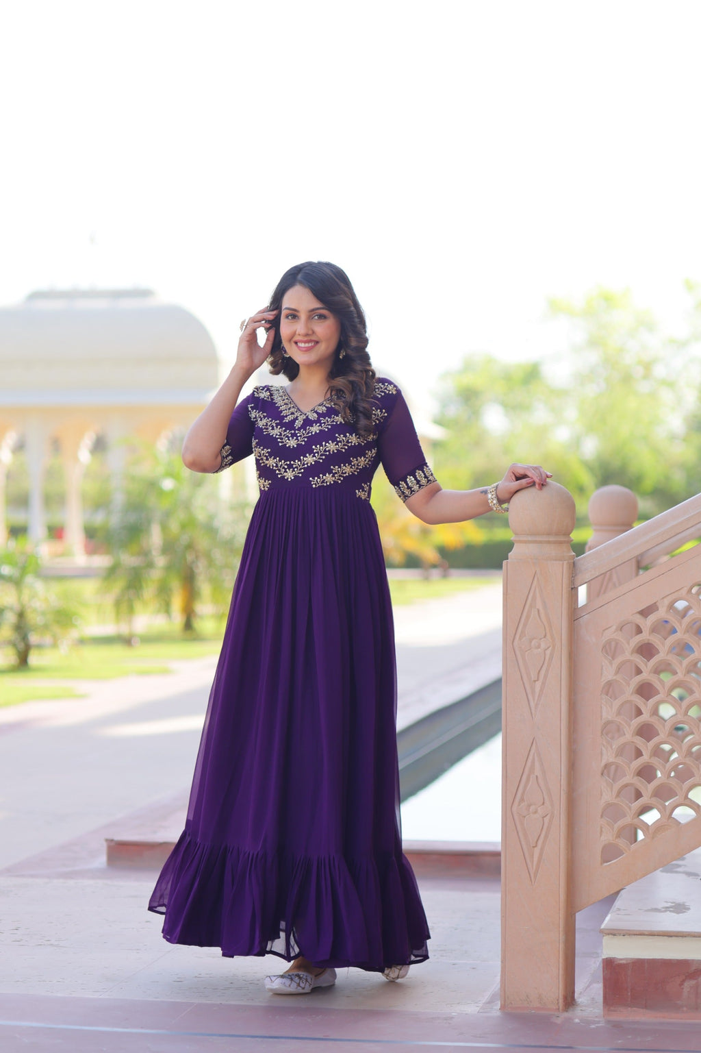 Prazu Fashion Purple Georgette Multithreaded Beads Embroidered Gown