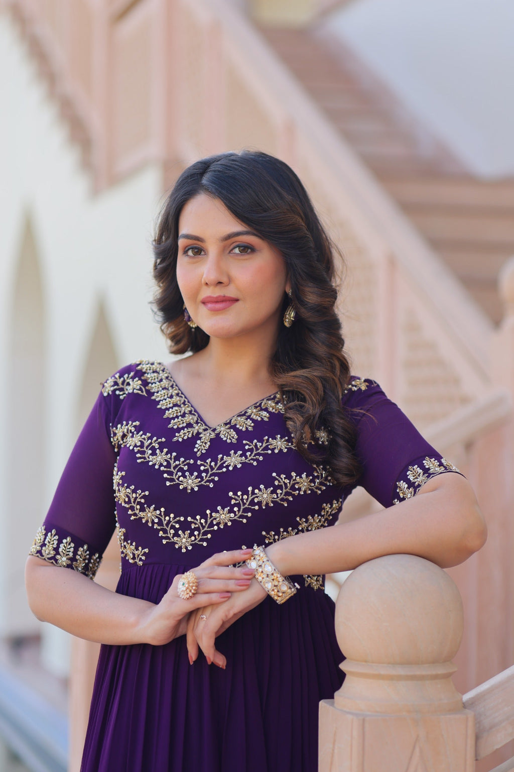 Prazu Fashion Purple Georgette Multithreaded Beads Embroidered Gown