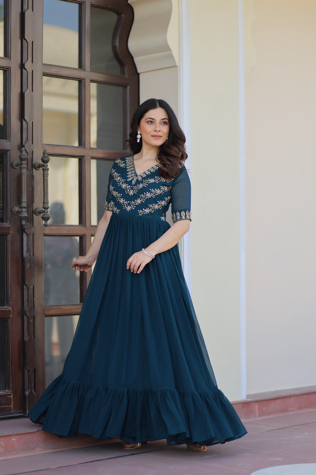 Prazu Fashion Rama Georgette Multithreaded Beads Embroidered Gown
