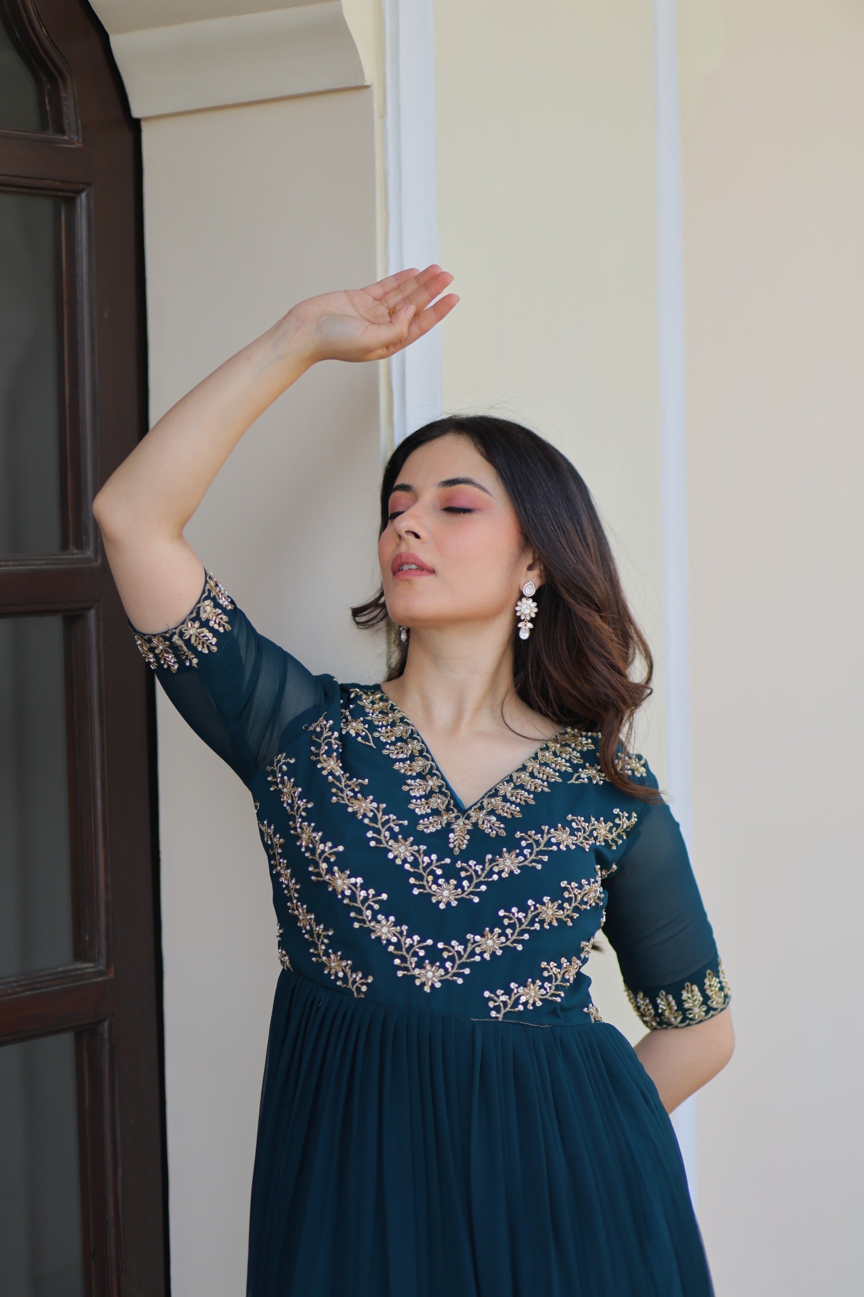 Prazu Fashion Rama Georgette Multithreaded Beads Embroidered Gown