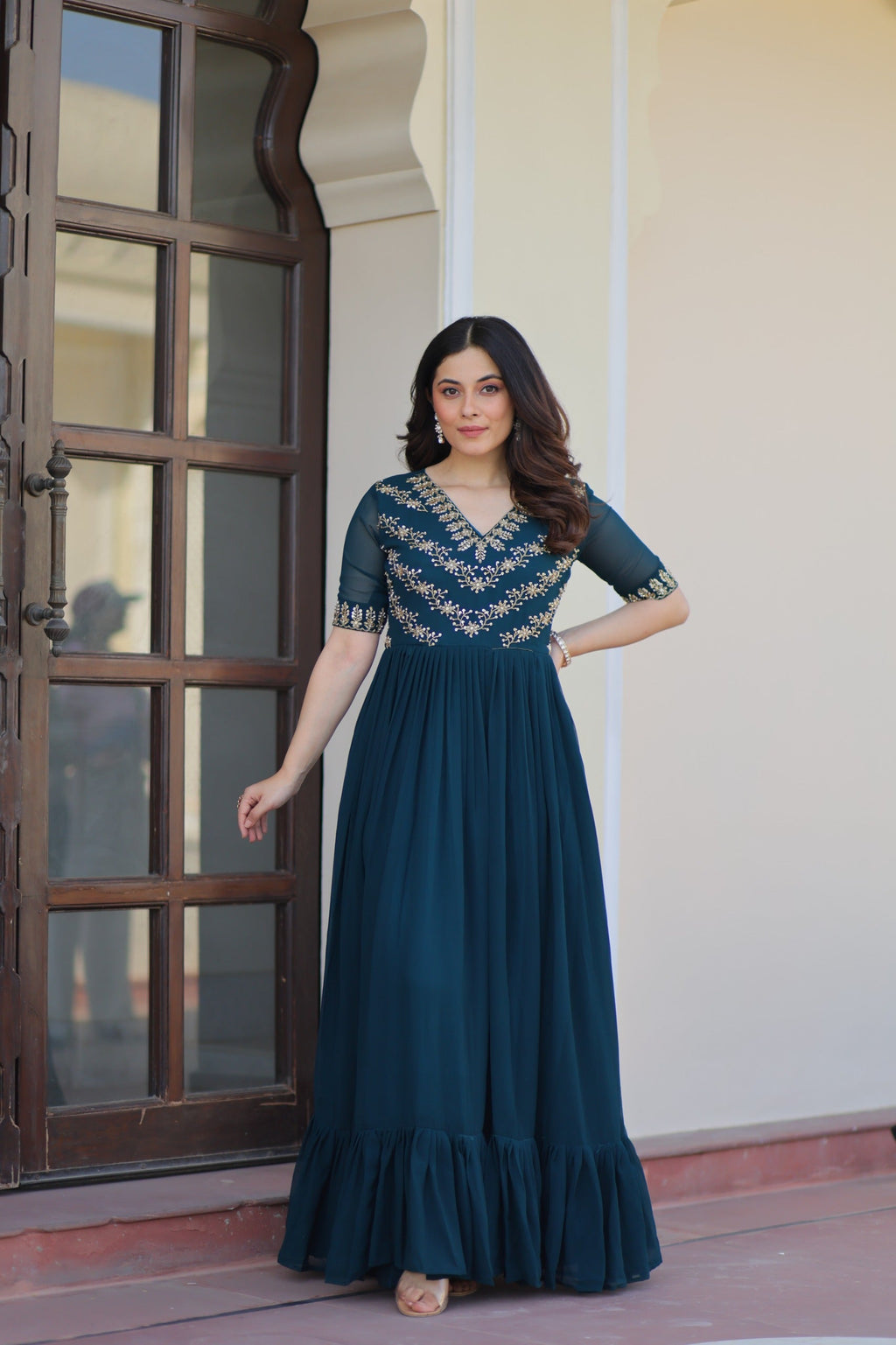 Prazu Fashion Rama Georgette Multithreaded Beads Embroidered Gown