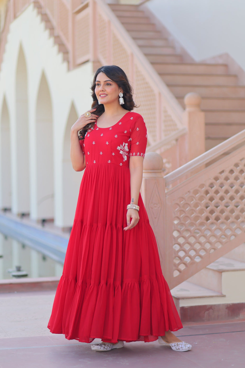 Prazu Fashion Red Georgette Beads Embroidered Designer Gown