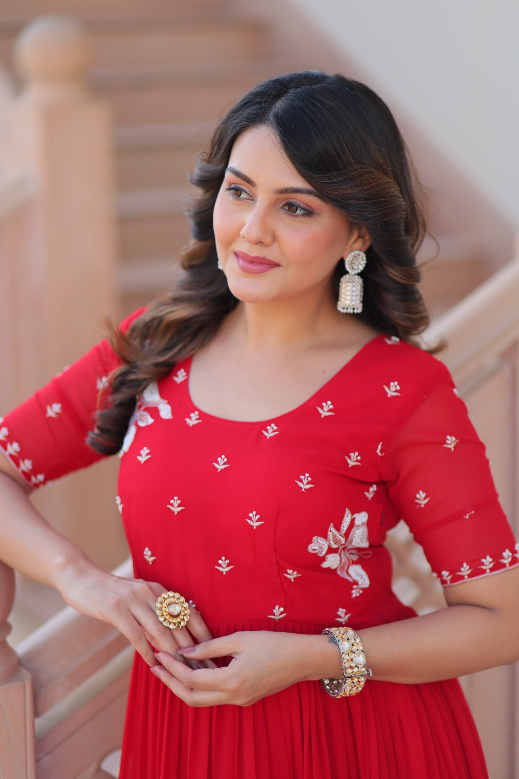 Prazu Fashion Red Georgette Beads Embroidered Designer Gown