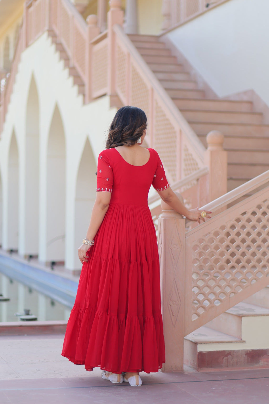 Prazu Fashion Red Georgette Beads Embroidered Designer Gown