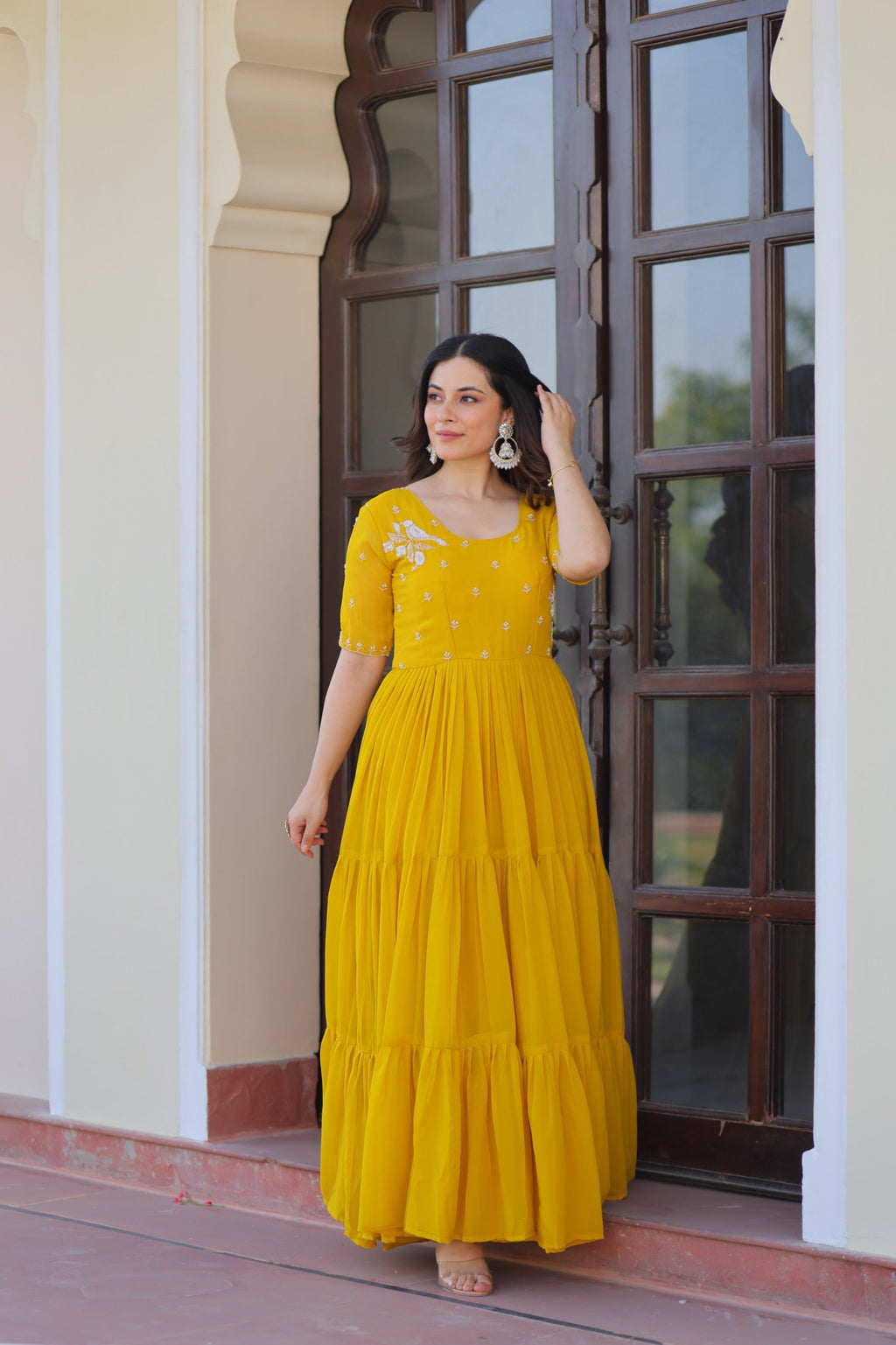 Prazu Fashion Yellow Georgette Beads Embroidered Designer Gown