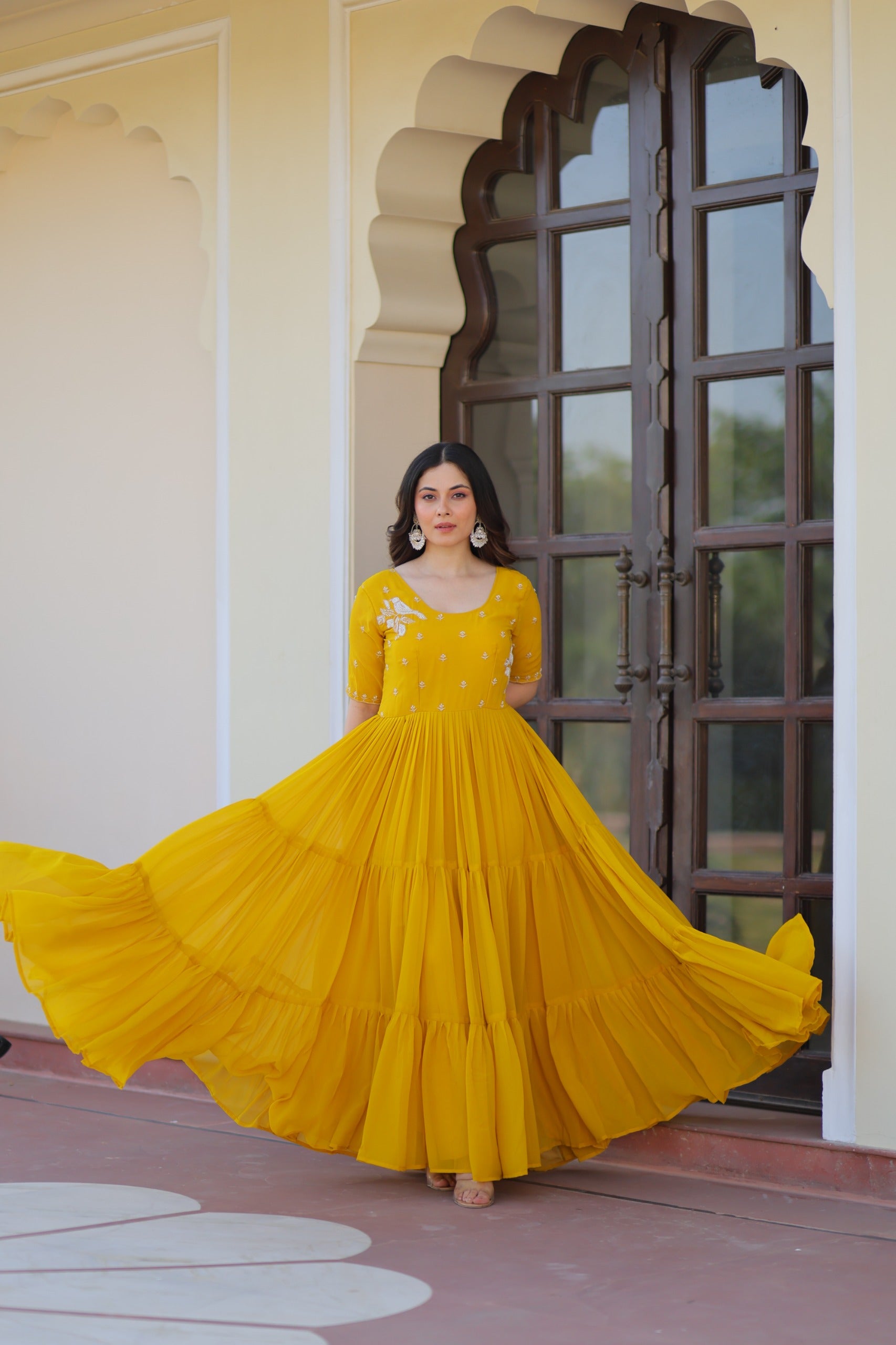 Prazu Fashion Yellow Georgette Beads Embroidered Designer Gown