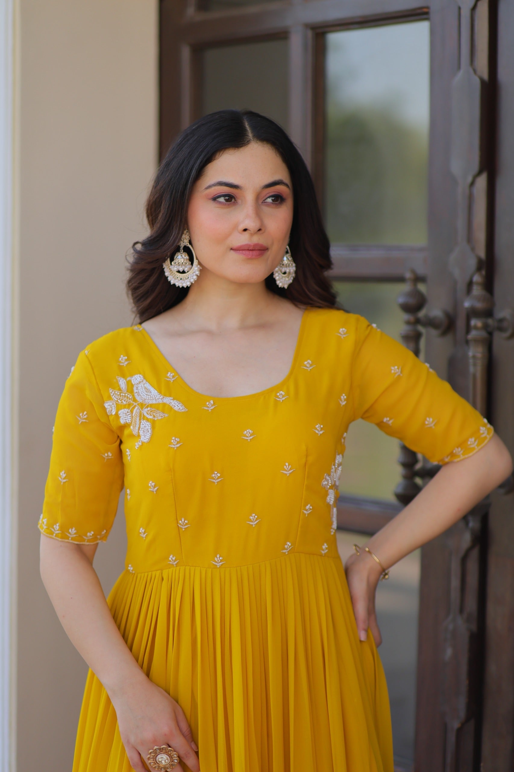 Prazu Fashion Yellow Georgette Beads Embroidered Designer Gown