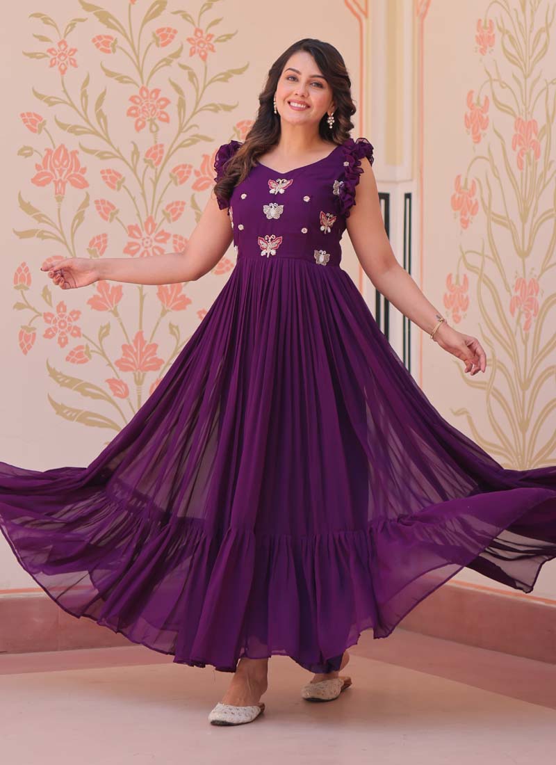 Prazu Fashion Purple Georgette Embroidered Designer Gown