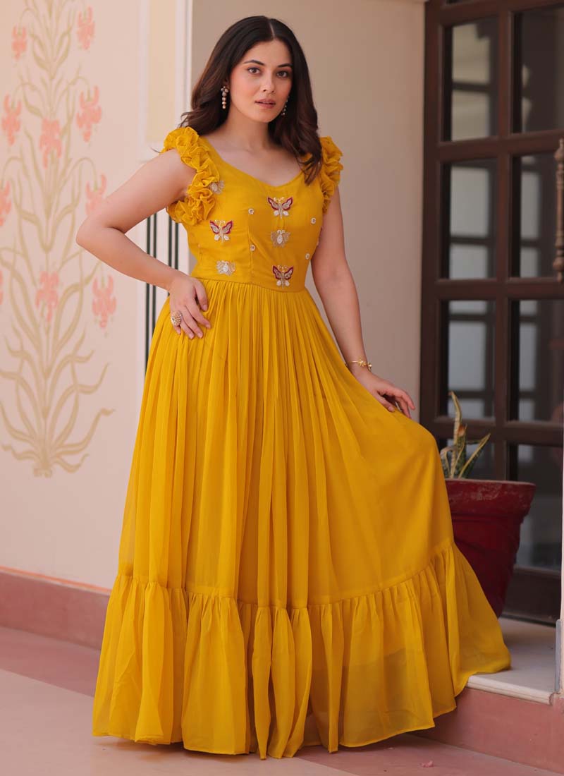 Prazu Fashion Yellow Georgette Embroidered Designer Gown