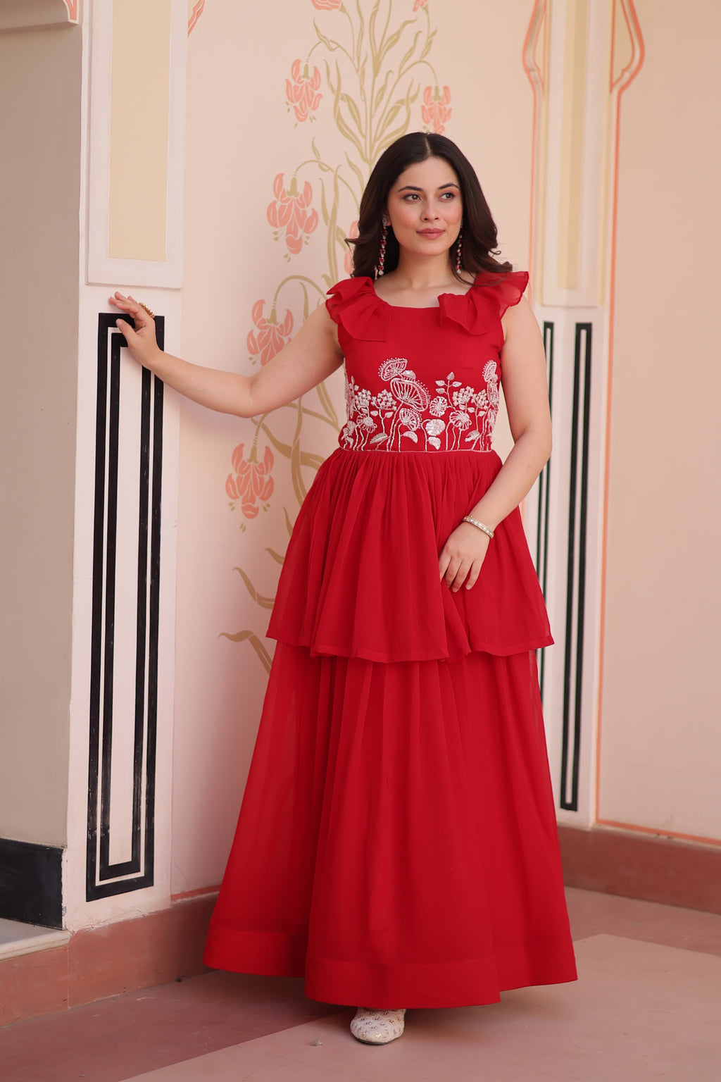 Prazu Fashion Red Georgette Embroidered Designer Gown