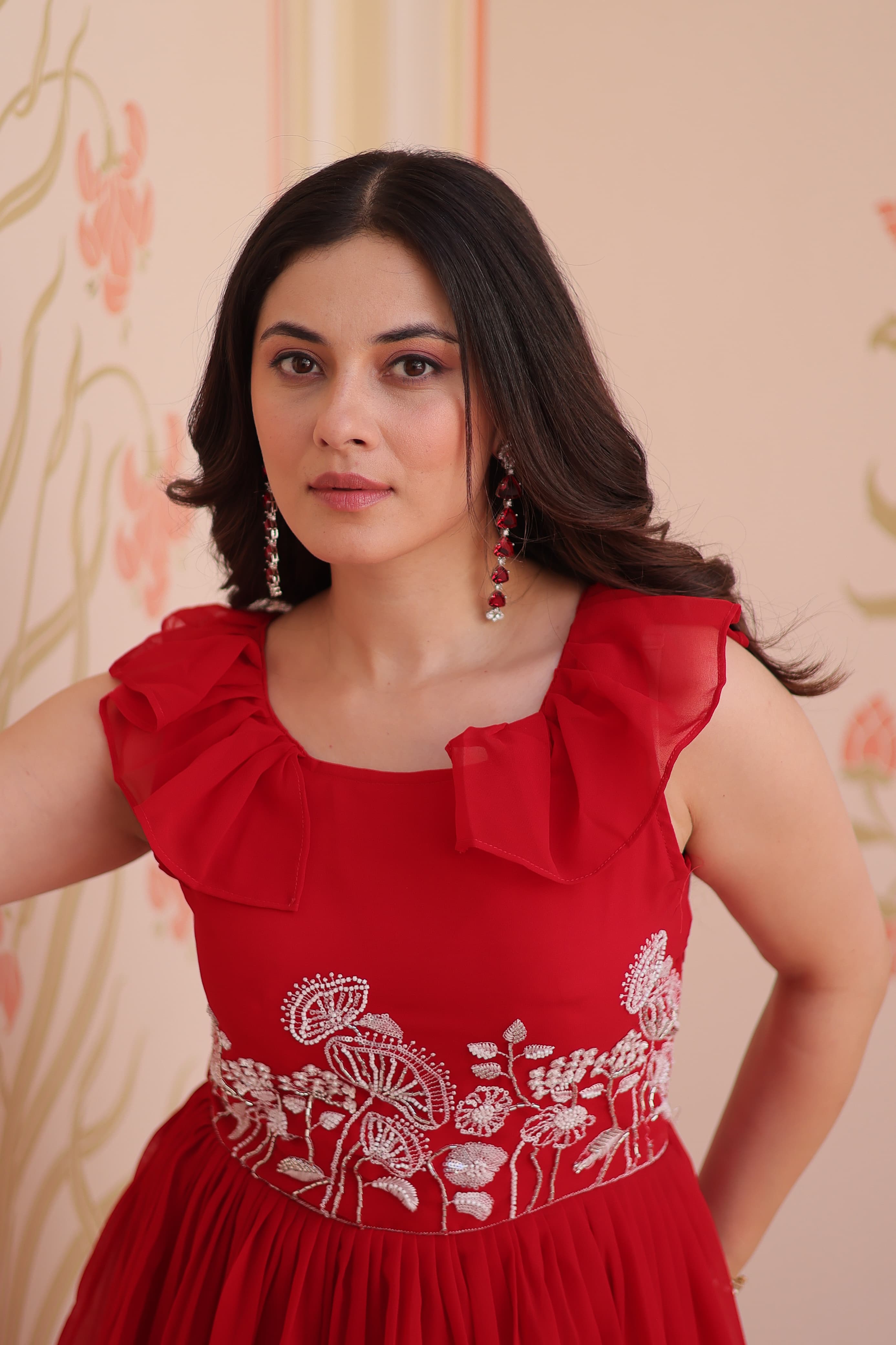 Prazu Fashion Red Georgette Embroidered Designer Gown