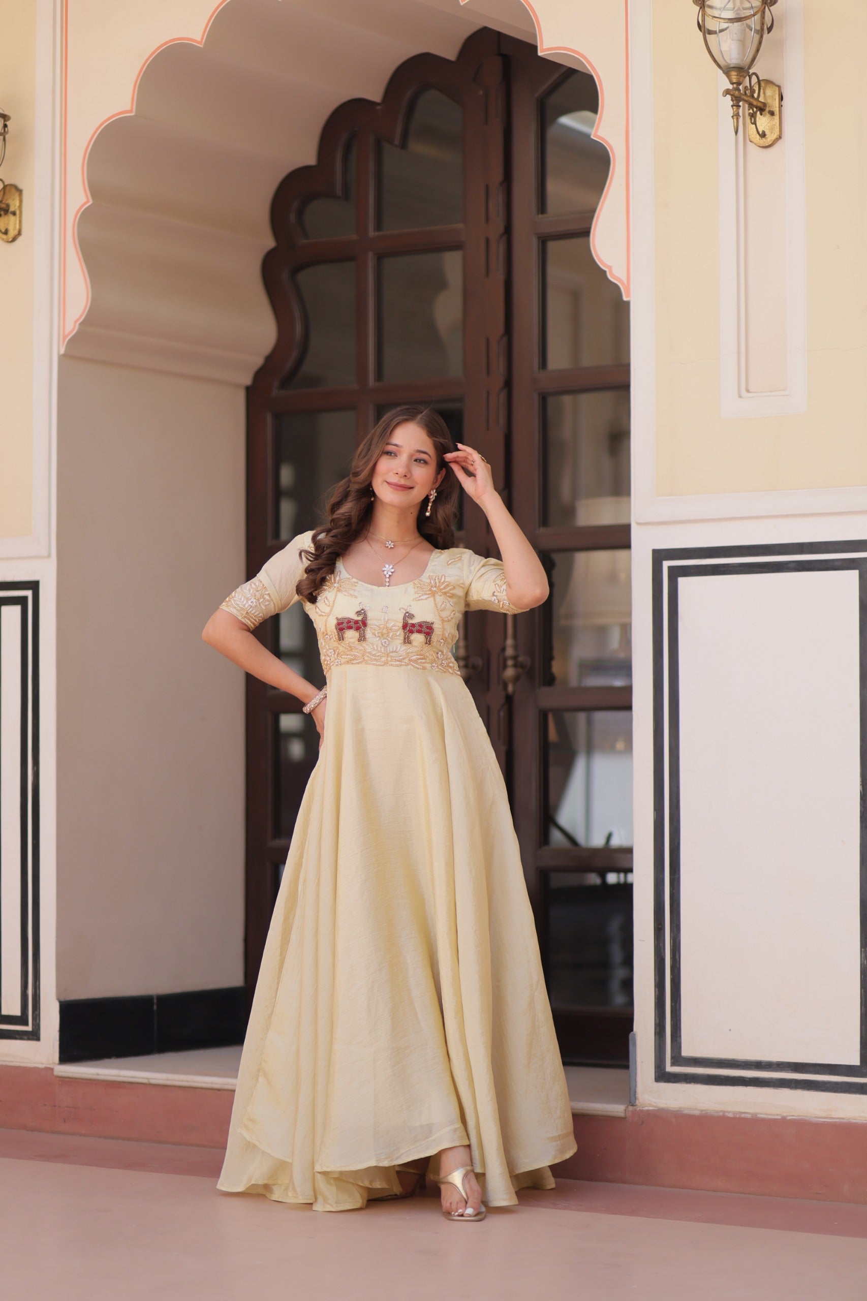 Prazu Fashion Off White Gold Crush With Beads Embroidered Work Gown