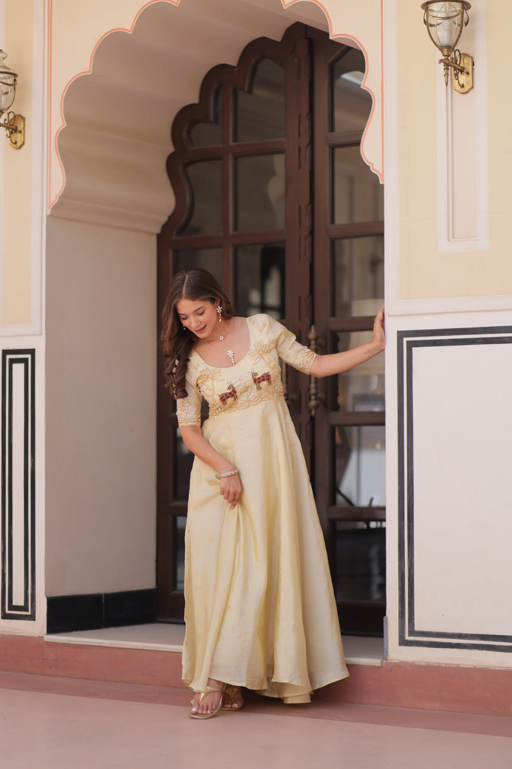 Prazu Fashion Off White Gold Crush With Beads Embroidered Work Gown