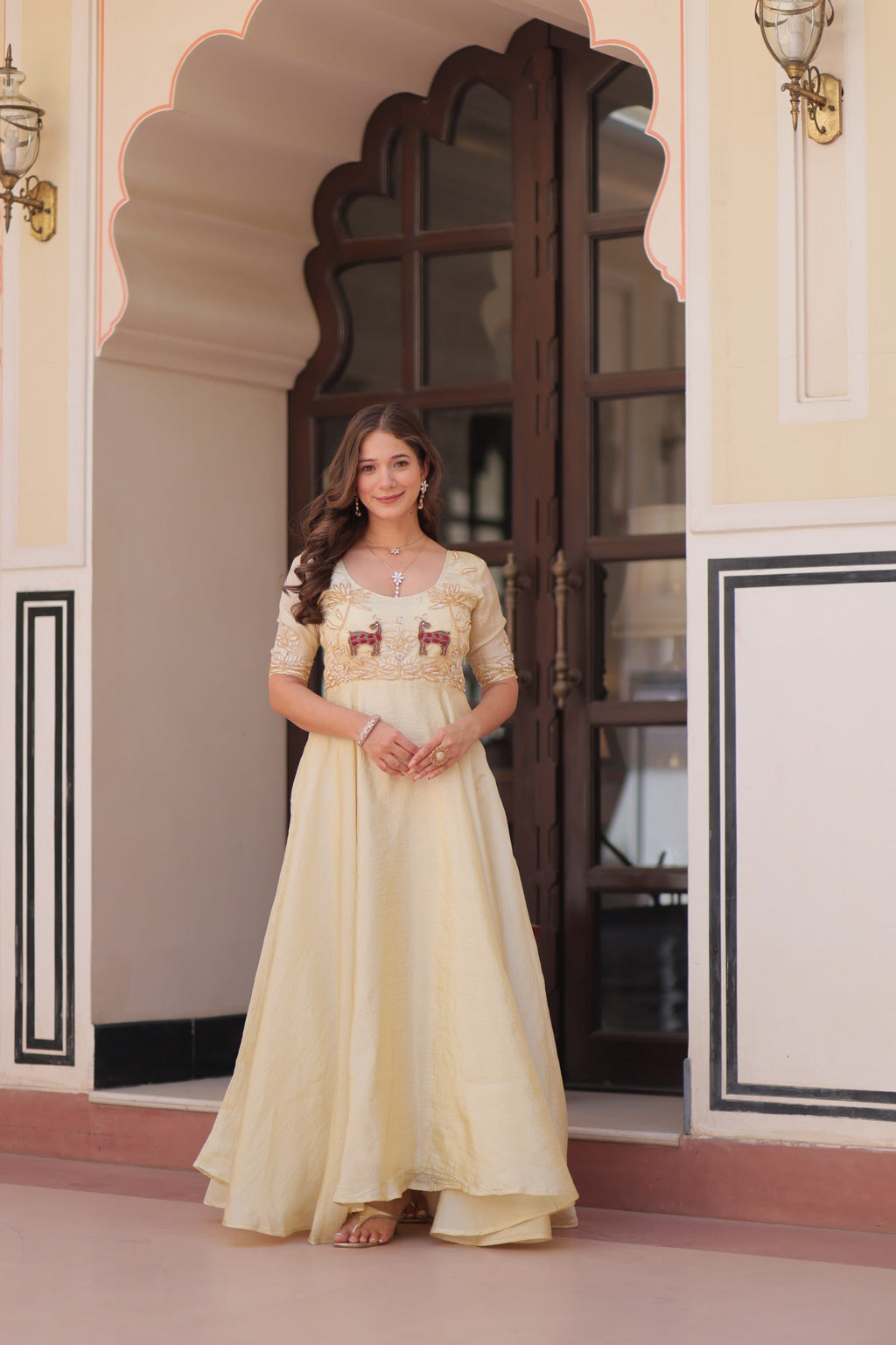 Prazu Fashion Off White Gold Crush With Beads Embroidered Work Gown